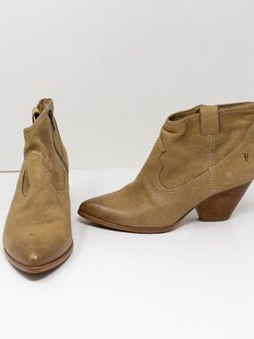 Frye Women's Reina Genuine Suede Leather Ankle Stacked Heel Booties Shoes Brown